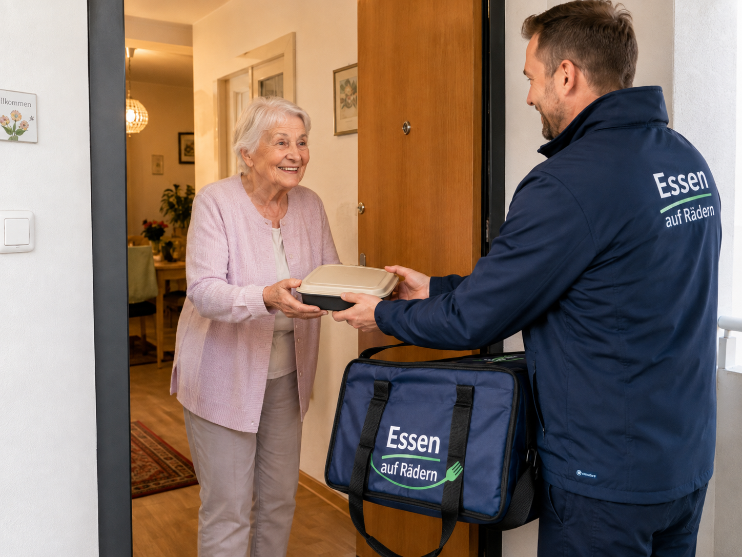 Zusteller übergibt einer Seniorin eine warme Mahlzeit